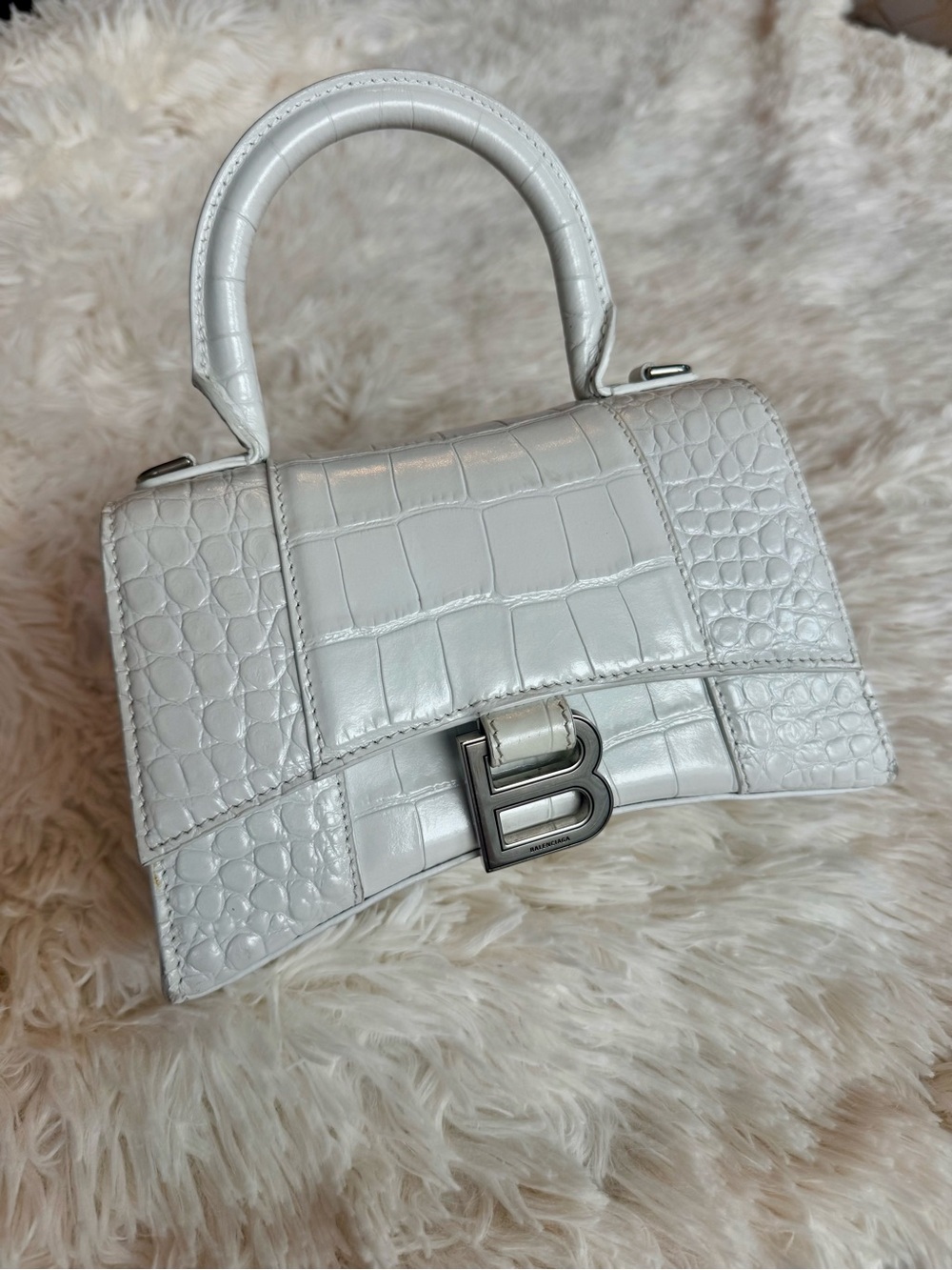 Balenciaga Croc-Embossed White Hourglass Mini Top-Handle Bag